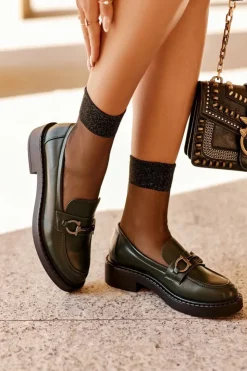 Clearance Buty Sergio Leone Skórzane Półbuty Mokasyny Damskie Ciemnozielone Beanika