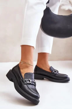 Discount Buty Sergio Leone Skórzane Półbuty Mokasyny Damskie Czarne Beanika Czarny