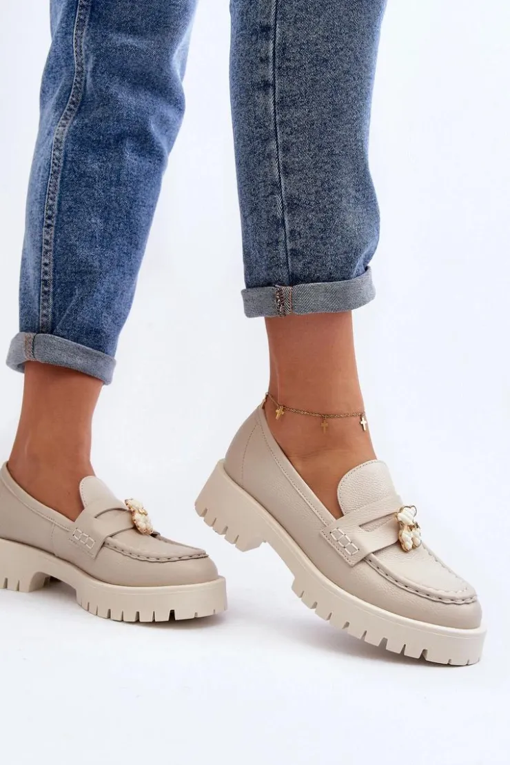 CheBello Mokasyny Damskie Skórzane*Skórzane Półbuty Mokasyny Z Misiem 4291 Jasnobeżowe