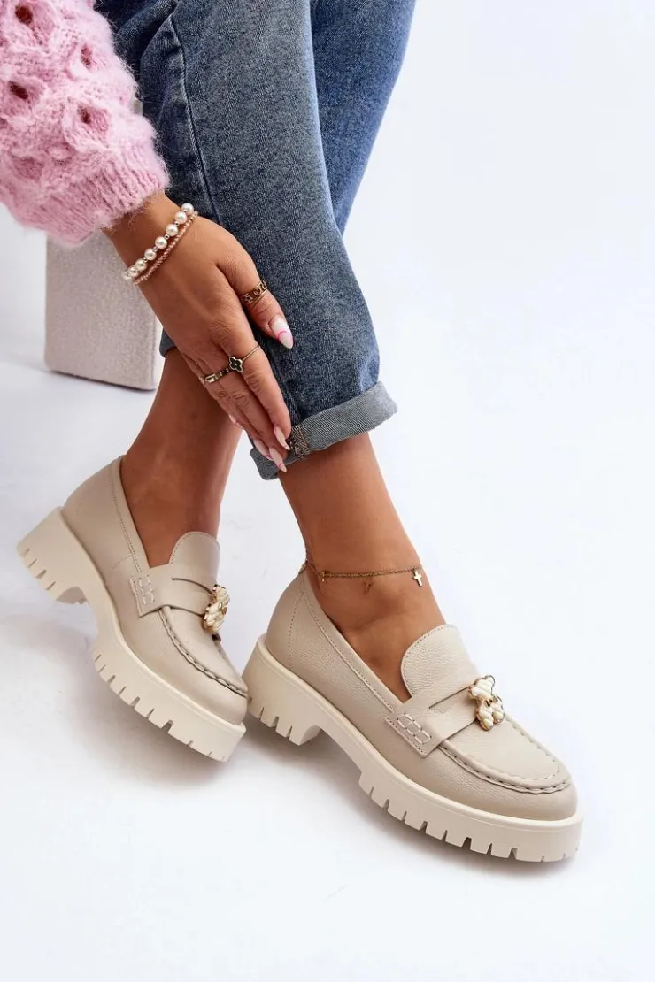 CheBello Mokasyny Damskie Skórzane*Skórzane Półbuty Mokasyny Z Misiem 4291 Jasnobeżowe