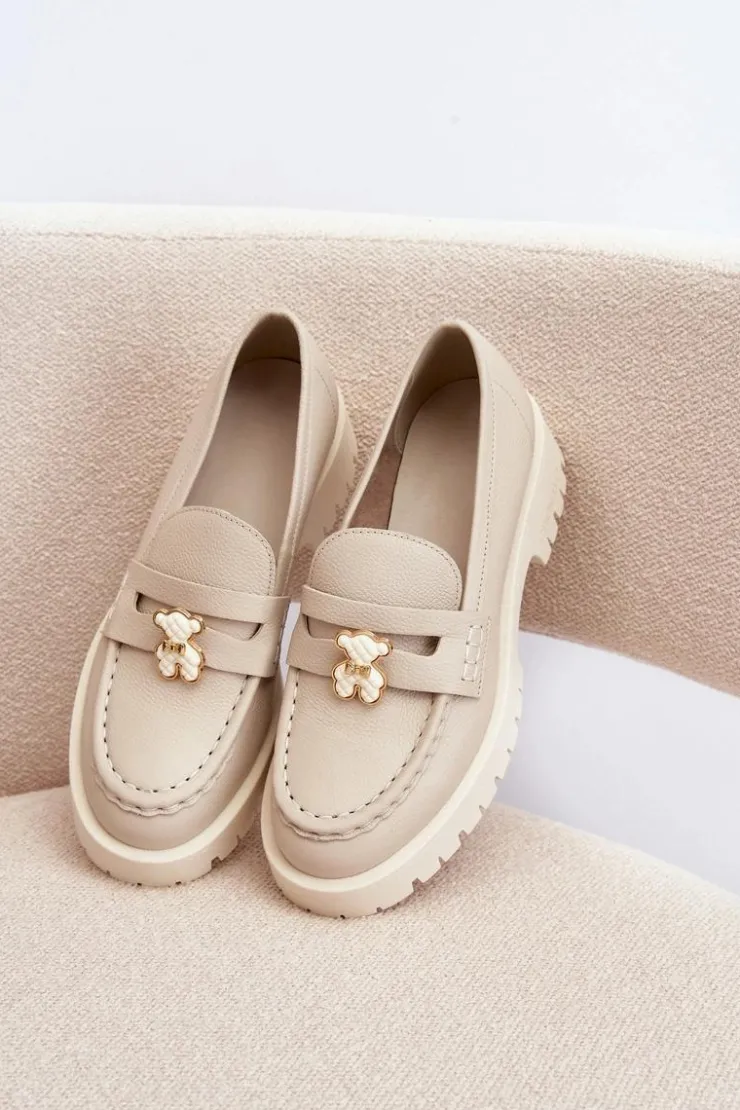 CheBello Mokasyny Damskie Skórzane*Skórzane Półbuty Mokasyny Z Misiem 4291 Jasnobeżowe