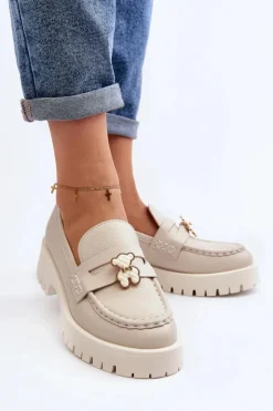 CheBello Mokasyny Damskie Skórzane*Skórzane Półbuty Mokasyny Z Misiem 4291 Jasnobeżowe