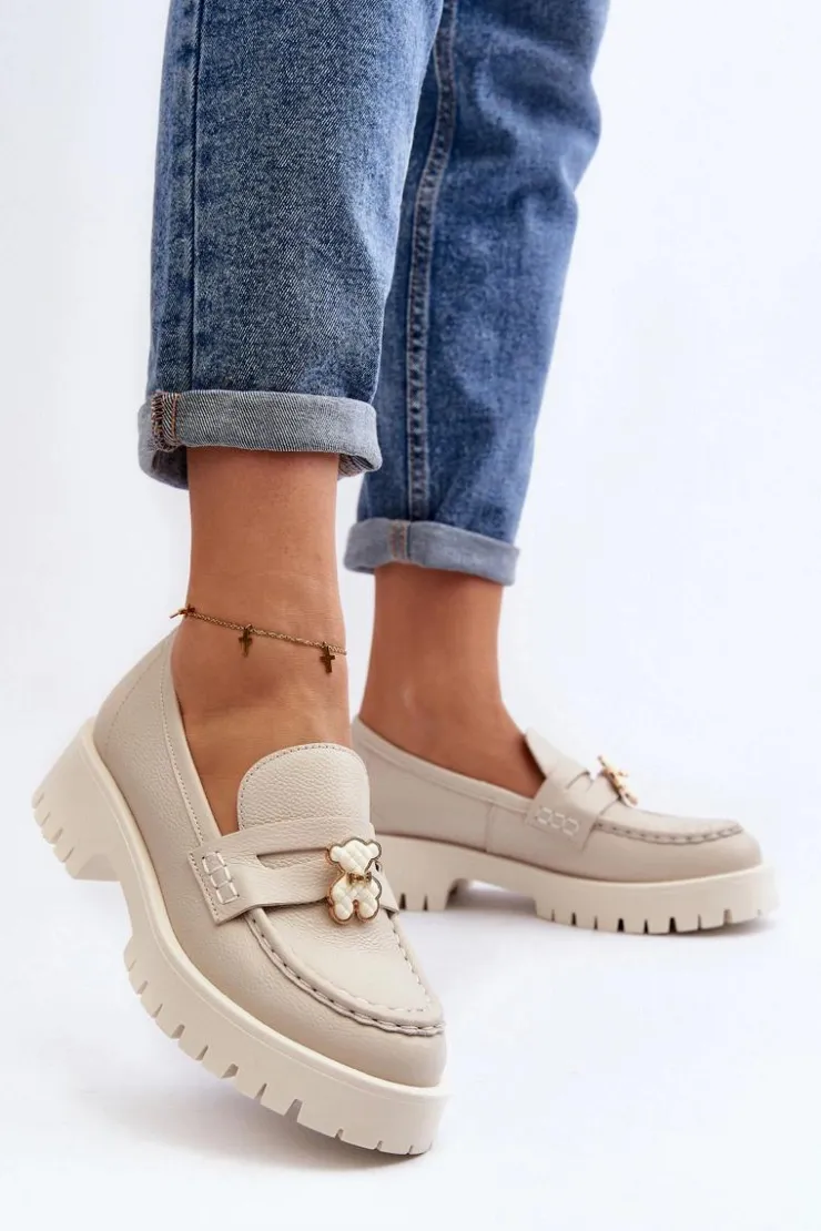 CheBello Mokasyny Damskie Skórzane*Skórzane Półbuty Mokasyny Z Misiem 4291 Jasnobeżowe