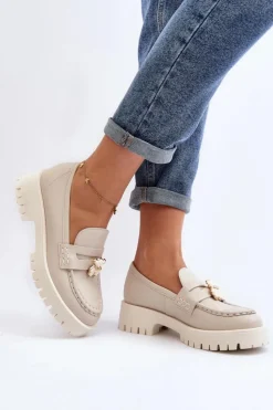 CheBello Mokasyny Damskie Skórzane*Skórzane Półbuty Mokasyny Z Misiem 4291 Jasnobeżowe