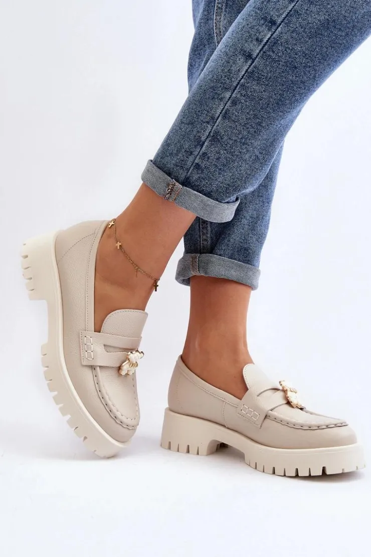 CheBello Mokasyny Damskie Skórzane*Skórzane Półbuty Mokasyny Z Misiem 4291 Jasnobeżowe