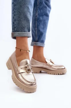 CheBello Mokasyny Płaskie|Mokasyny Damskie Skórzane*Skórzane Półbuty Mokasyny Z Ozdobą 4291 Złote Złoty