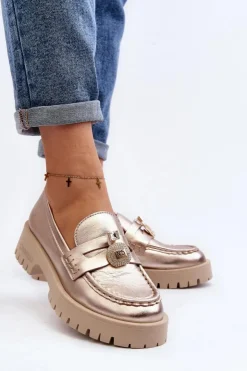 CheBello Mokasyny Płaskie|Mokasyny Damskie Skórzane*Skórzane Półbuty Mokasyny Z Ozdobą 4291 Złote Złoty