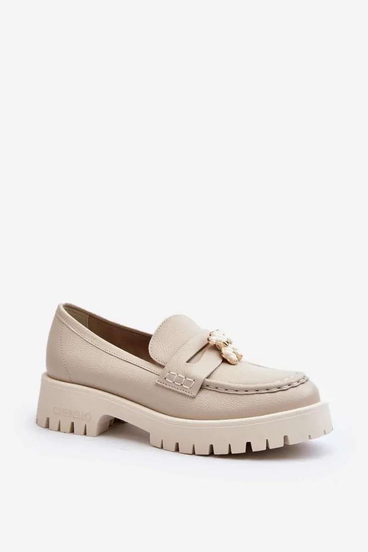 Damskie CheBello Skórzane Półbuty Mokasyny Z Misiem 4291 Jasnobeżowe