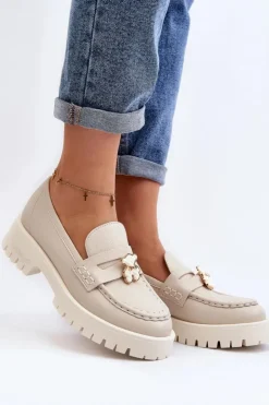 Damskie CheBello Skórzane Półbuty Mokasyny Z Misiem 4291 Jasnobeżowe