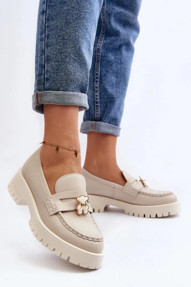 Damskie CheBello Skórzane Półbuty Mokasyny Z Misiem 4291 Jasnobeżowe