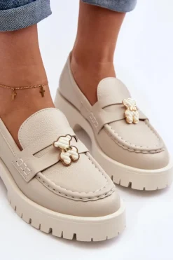 Damskie CheBello Skórzane Półbuty Mokasyny Z Misiem 4291 Jasnobeżowe