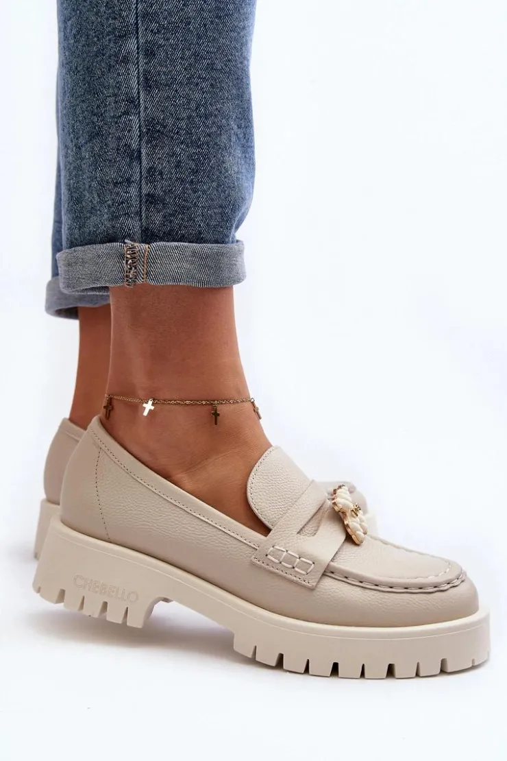 Damskie CheBello Skórzane Półbuty Mokasyny Z Misiem 4291 Jasnobeżowe