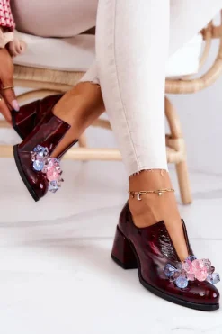 Damskie Boto Skórzane Półbuty Mozaika Z Ozdobą Bordowe Delaver