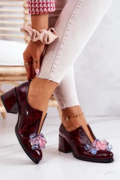 Damskie Boto Skórzane Półbuty Mozaika Z Ozdobą Bordowe Delaver