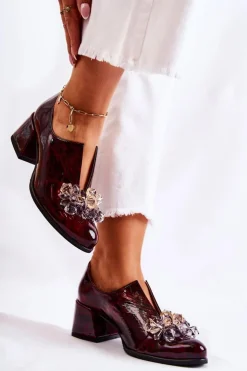 Boto Półbuty Skórzane*Skórzane Półbuty Mozaika Z Transparentną Ozdobą Bordowe Delaver