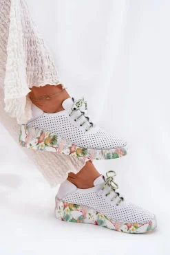 Damskie Artiker Skórzane Półbuty Na Koturnie Ze Wzorem 54C1807 Biało-Zielone