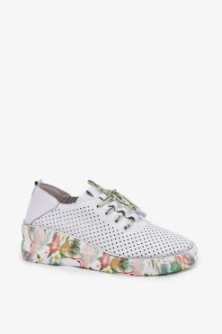 Damskie Artiker Skórzane Półbuty Na Koturnie Ze Wzorem 54C1807 Biało-Zielone