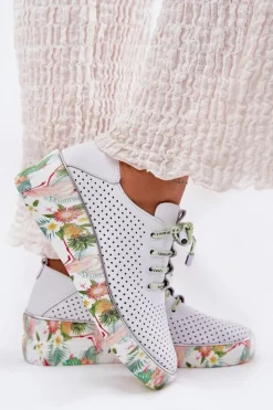 Damskie Artiker Skórzane Półbuty Na Koturnie Ze Wzorem 54C1807 Biało-Zielone