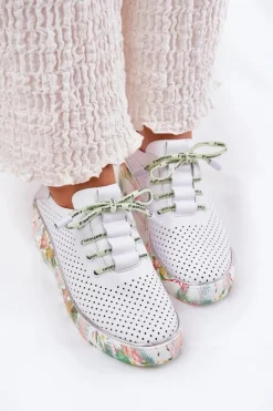 Damskie Artiker Skórzane Półbuty Na Koturnie Ze Wzorem 54C1807 Biało-Zielone