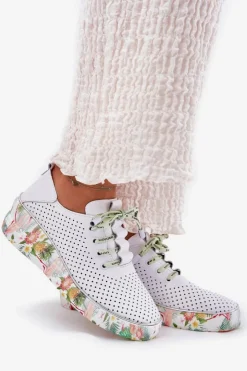 Damskie Artiker Skórzane Półbuty Na Koturnie Ze Wzorem 54C1807 Biało-Zielone