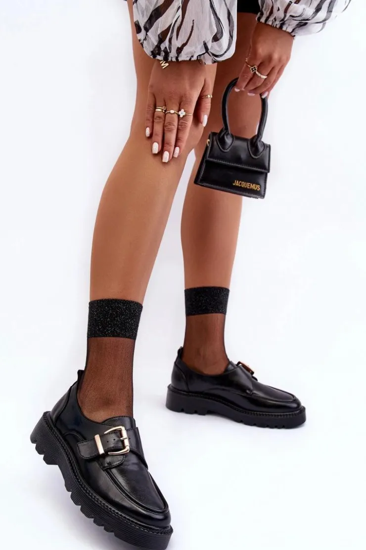 Buty damskie Vinceza Skórzane Półbuty Na Płaskim Obcasie Z Klamrą Czarne Meara