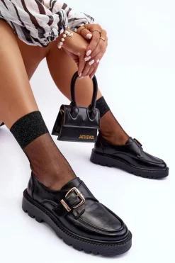 Buty damskie Vinceza Skórzane Półbuty Na Płaskim Obcasie Z Klamrą Czarne Meara