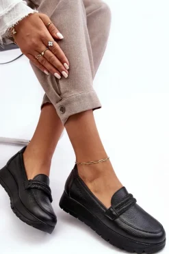 Boto Półbuty Skórzane|Mokasyny Na Platformie*Skórzane Półbuty Na Platformie Z Ozdobą Czarne Lemar Lehira Czarny