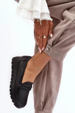 Boto Półbuty Skórzane|Mokasyny Na Platformie*Skórzane Półbuty Na Platformie Z Ozdobą Czarne Lemar Lehira Czarny