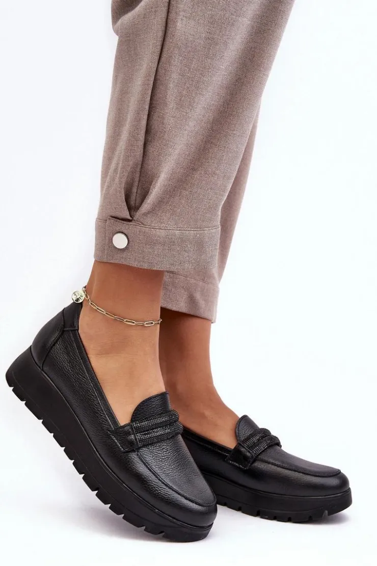 Boto Półbuty Skórzane|Mokasyny Na Platformie*Skórzane Półbuty Na Platformie Z Ozdobą Czarne Lemar Lehira Czarny