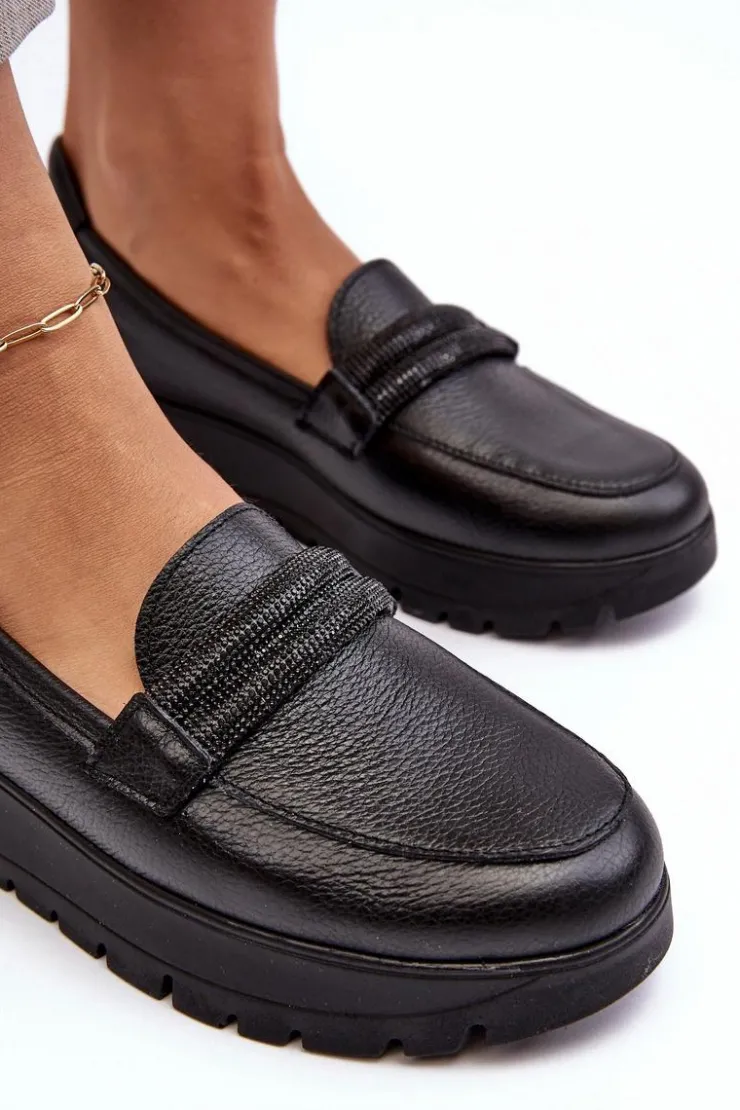 Boto Półbuty Skórzane|Mokasyny Na Platformie*Skórzane Półbuty Na Platformie Z Ozdobą Czarne Lemar Lehira Czarny