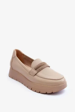 Boto Półbuty Skórzane|Mokasyny Na Platformie*Skórzane Półbuty Na Platformie Z Ozdobą Jasnobeżowe Lemar Lehira