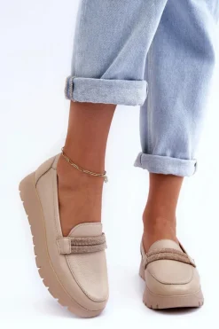 Boto Półbuty Skórzane|Mokasyny Na Platformie*Skórzane Półbuty Na Platformie Z Ozdobą Jasnobeżowe Lemar Lehira