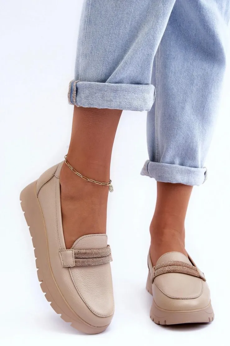 Boto Półbuty Skórzane|Mokasyny Na Platformie*Skórzane Półbuty Na Platformie Z Ozdobą Jasnobeżowe Lemar Lehira