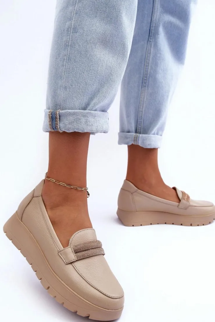 Boto Półbuty Skórzane|Mokasyny Na Platformie*Skórzane Półbuty Na Platformie Z Ozdobą Jasnobeżowe Lemar Lehira