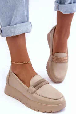 Boto Półbuty Skórzane|Mokasyny Na Platformie*Skórzane Półbuty Na Platformie Z Ozdobą Jasnobeżowe Lemar Lehira