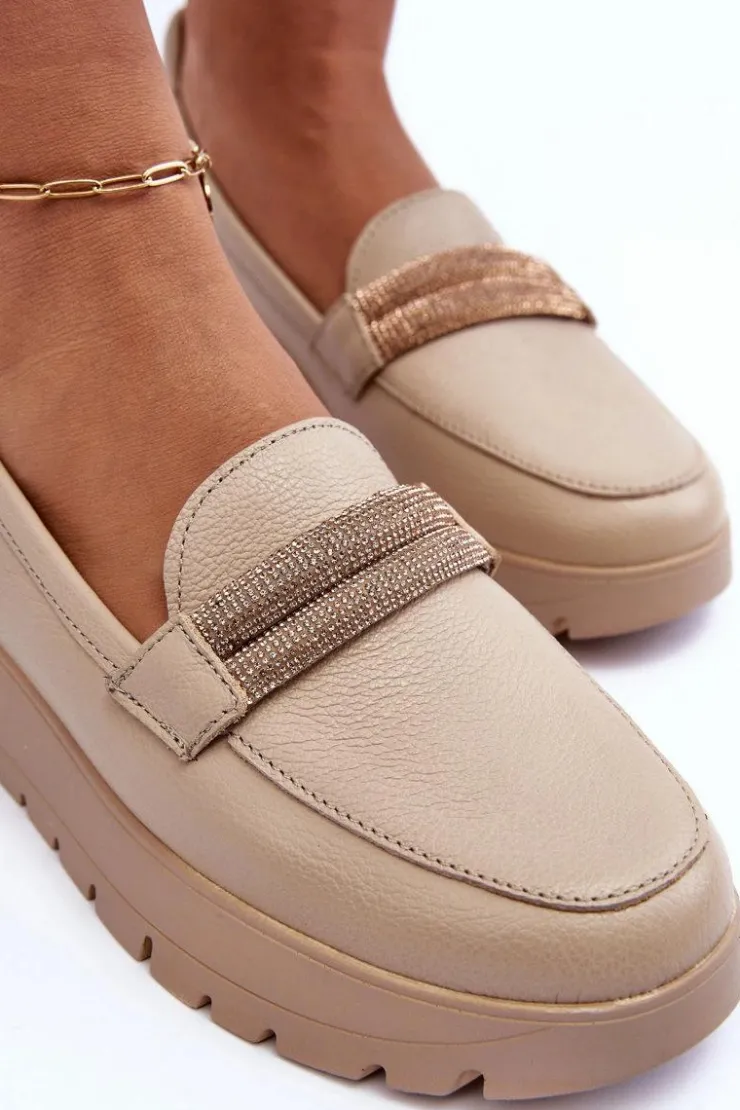 Boto Półbuty Skórzane|Mokasyny Na Platformie*Skórzane Półbuty Na Platformie Z Ozdobą Jasnobeżowe Lemar Lehira