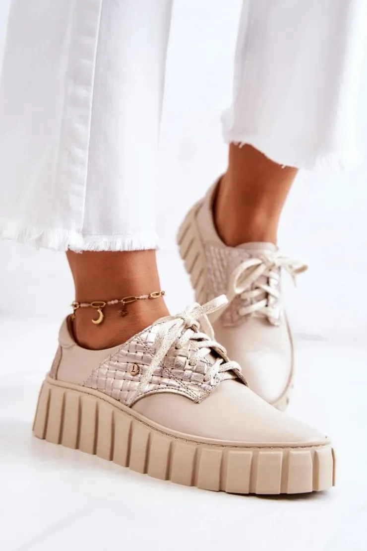 Zazoo Półbuty Skórzane*Skórzane Półbuty Na Platformie Beżowe Hypnosis