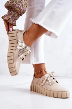 Zazoo Półbuty Skórzane*Skórzane Półbuty Na Platformie Beżowe Hypnosis