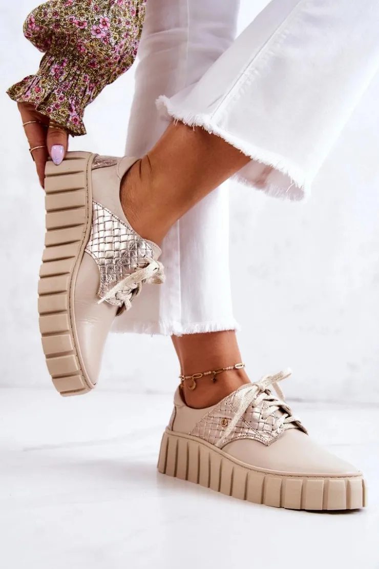 Zazoo Półbuty Skórzane*Skórzane Półbuty Na Platformie Beżowe Hypnosis