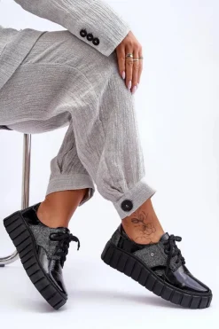 Damskie Zazoo Skórzane Półbuty Na Platformie Czarne Lemar Hypnosis