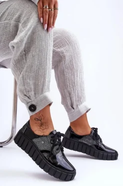 Damskie Zazoo Skórzane Półbuty Na Platformie Czarne Lemar Hypnosis