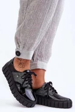 Damskie Zazoo Skórzane Półbuty Na Platformie Czarne Lemar Hypnosis