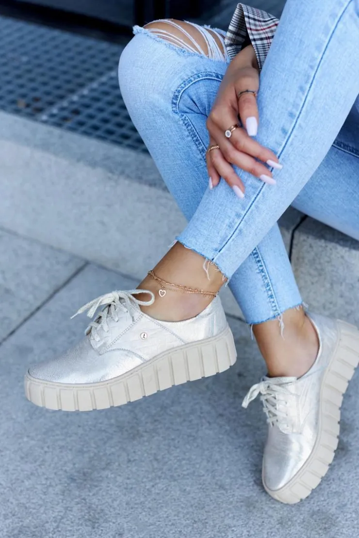 Zazoo Półbuty Skórzane*Skórzane Półbuty Na Platformie Beżowo-Złote Hypnosis