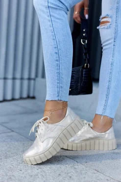 Zazoo Półbuty Skórzane*Skórzane Półbuty Na Platformie Beżowo-Złote Hypnosis