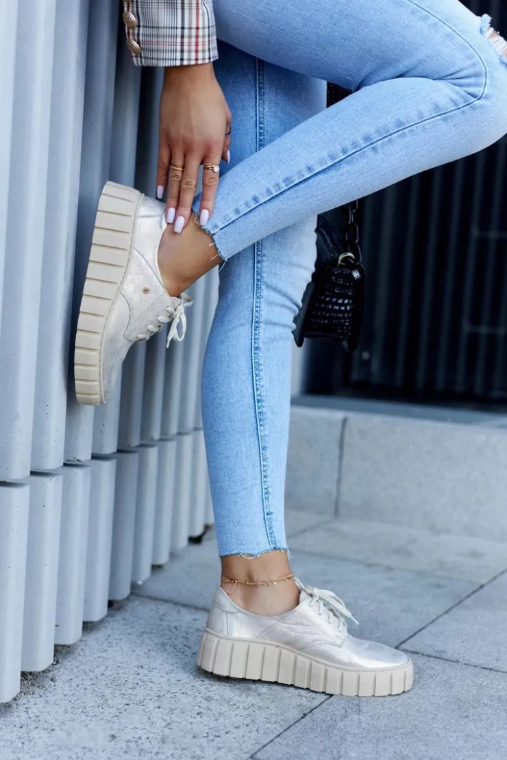 Zazoo Półbuty Skórzane*Skórzane Półbuty Na Platformie Beżowo-Złote Hypnosis