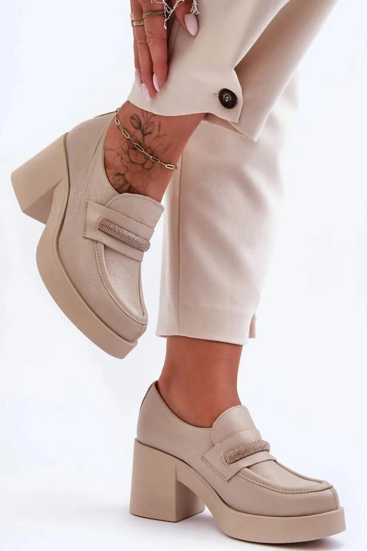 Boto Półbuty Skórzane*Skórzane Półbuty Na Słupku Z Ozdobą Beżowe Lemar Gelanor Beżowy