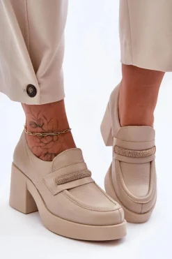 Boto Półbuty Skórzane*Skórzane Półbuty Na Słupku Z Ozdobą Beżowe Lemar Gelanor Beżowy