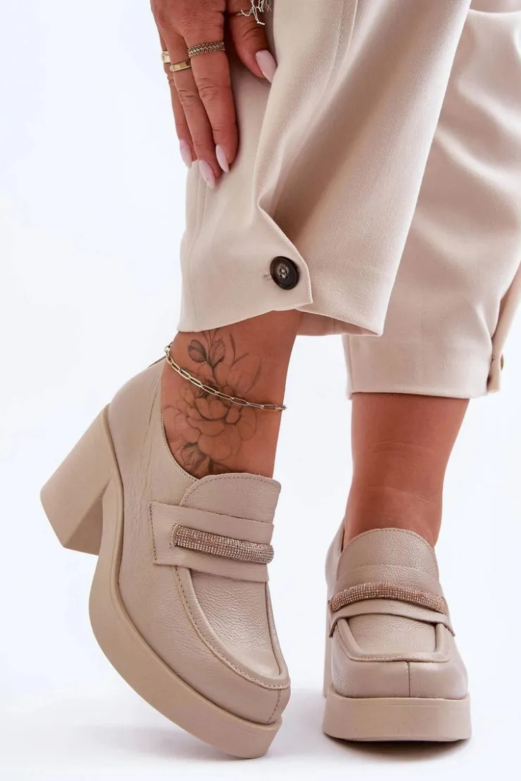 Boto Półbuty Skórzane*Skórzane Półbuty Na Słupku Z Ozdobą Beżowe Lemar Gelanor Beżowy