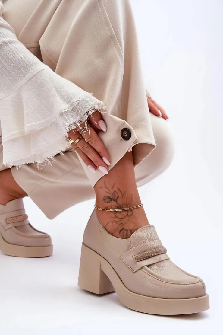 Boto Półbuty Skórzane*Skórzane Półbuty Na Słupku Z Ozdobą Beżowe Lemar Gelanor Beżowy