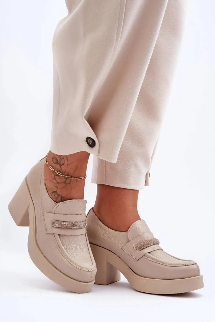 Boto Półbuty Skórzane*Skórzane Półbuty Na Słupku Z Ozdobą Beżowe Lemar Gelanor Beżowy